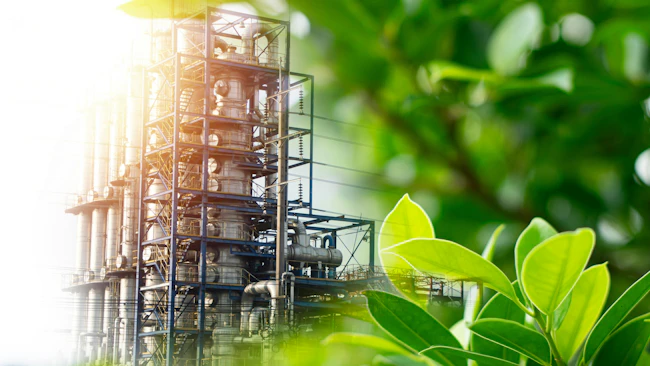 plant distillation columns surrounded by greenery indicating conservation concept