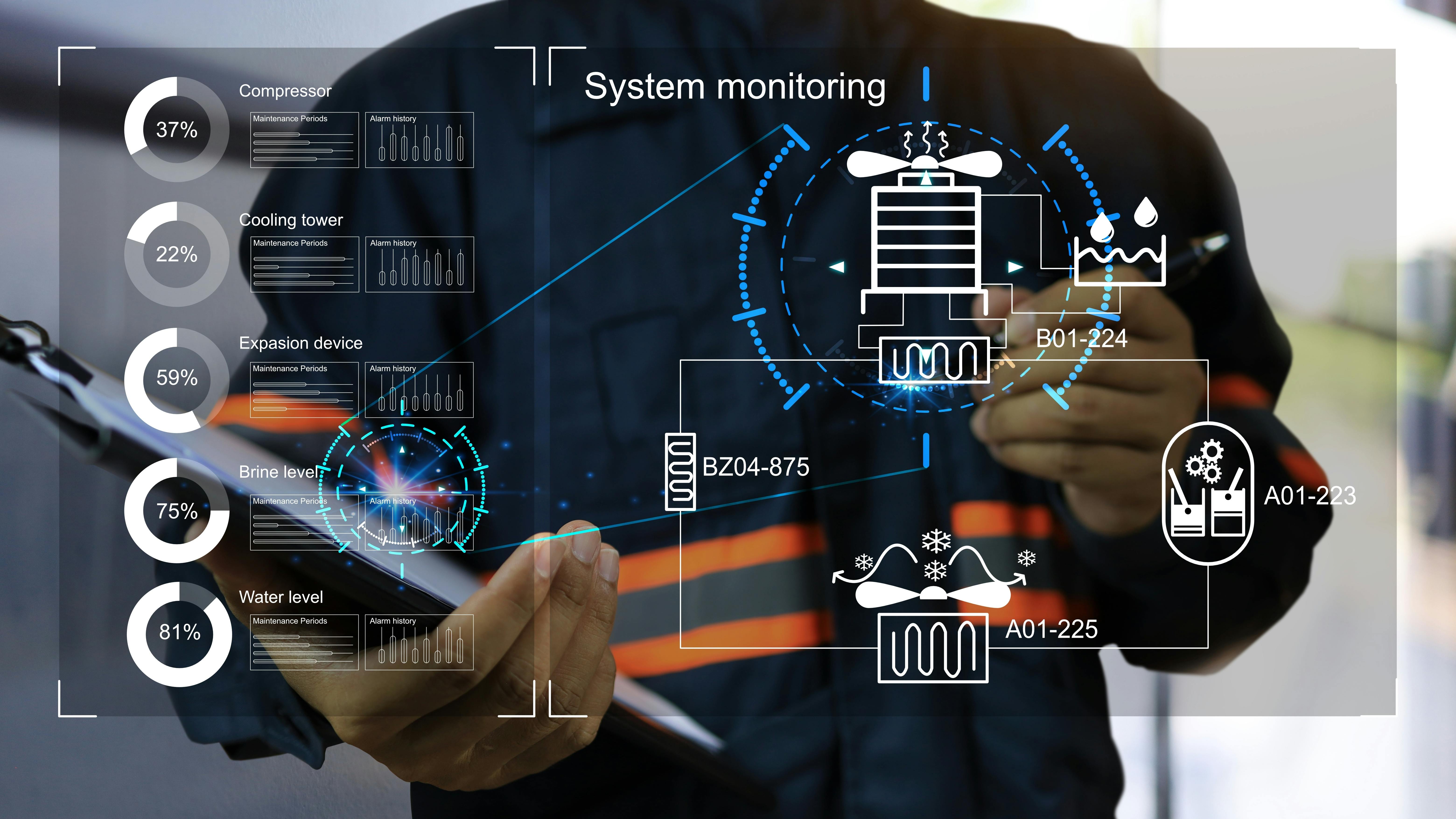 Digital overlay of maintenance planning tools and software with maintenance worker in background