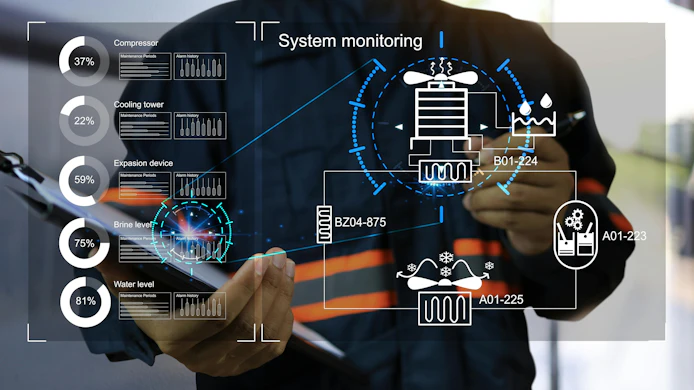 Digital overlay of maintenance planning tools and software with maintenance worker in background