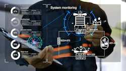 Digital overlay of maintenance planning tools and software with maintenance worker in background