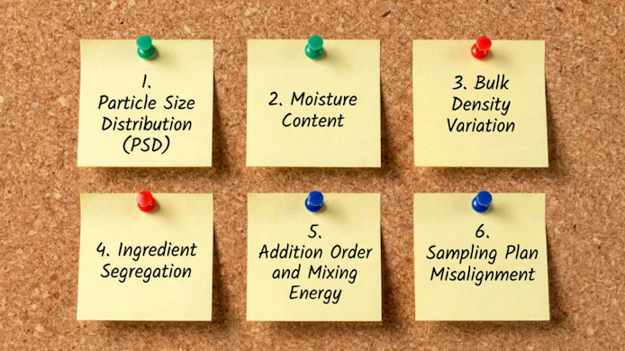 Cork board with six tacked on post-its each with a numbered powder variable