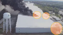 Aerial shot of the second building fire at Bio-Lab Conyers 12 Storage Warehouse on September 29, 2024, resulting from the multiple-point heat source generated by decomposing oxidizers and combustible materials. (Credit: RCFR, annotated by CSB)