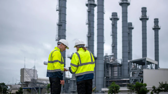 Two engineers in high-visibility jackets and hard hats review documents at an industrial plant