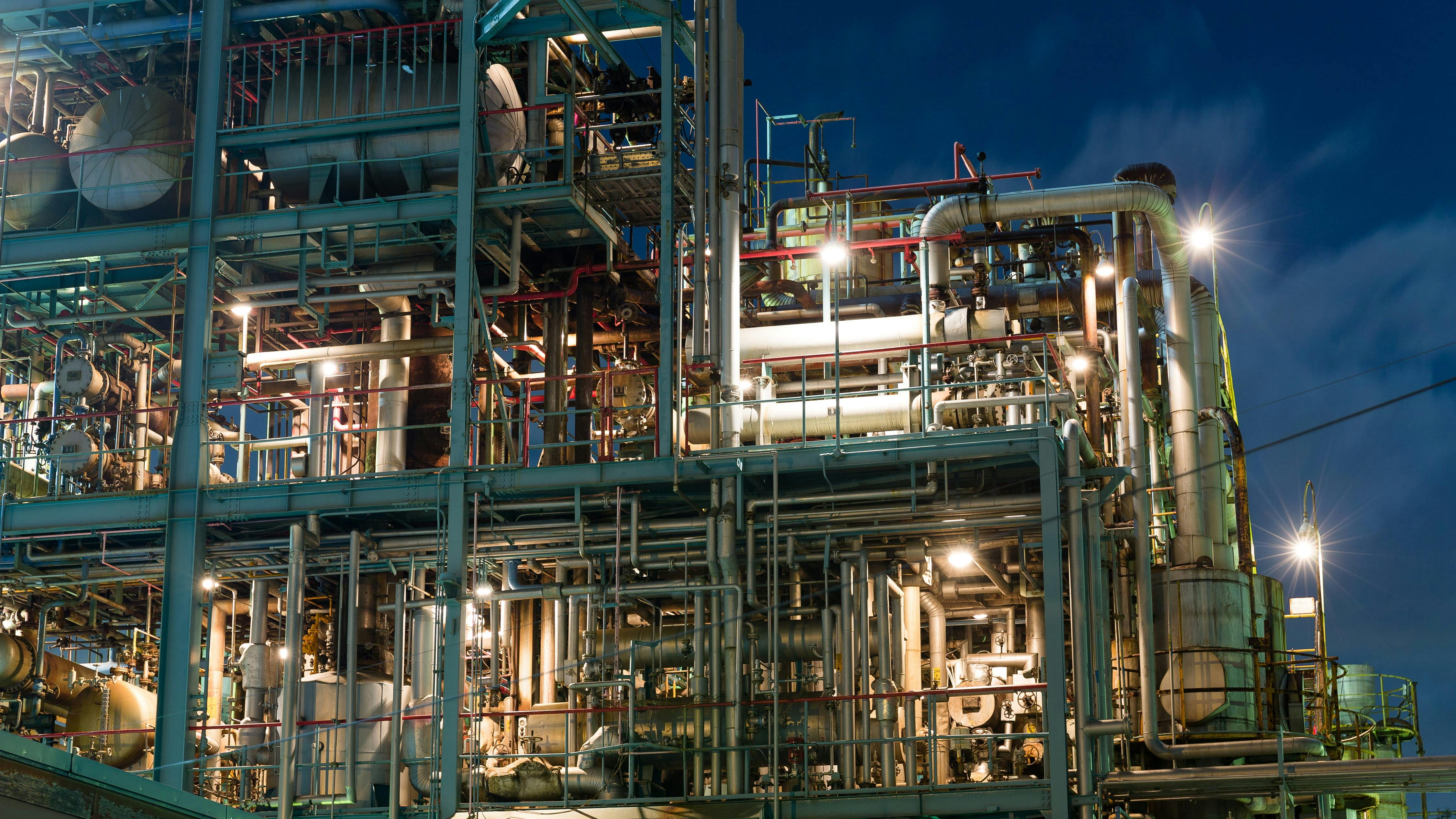 View of chemical plant facility at night