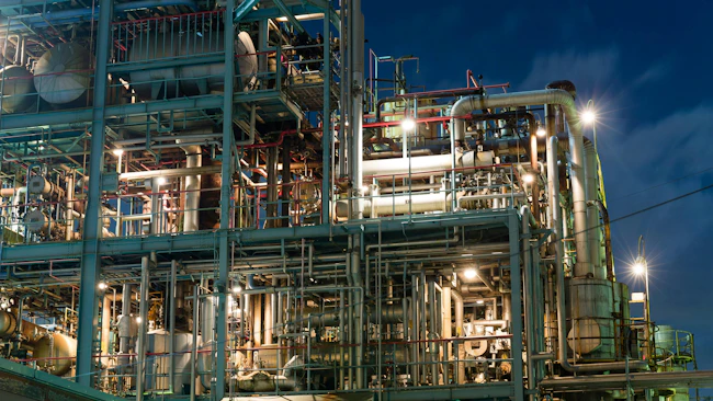 View of chemical plant facility at night