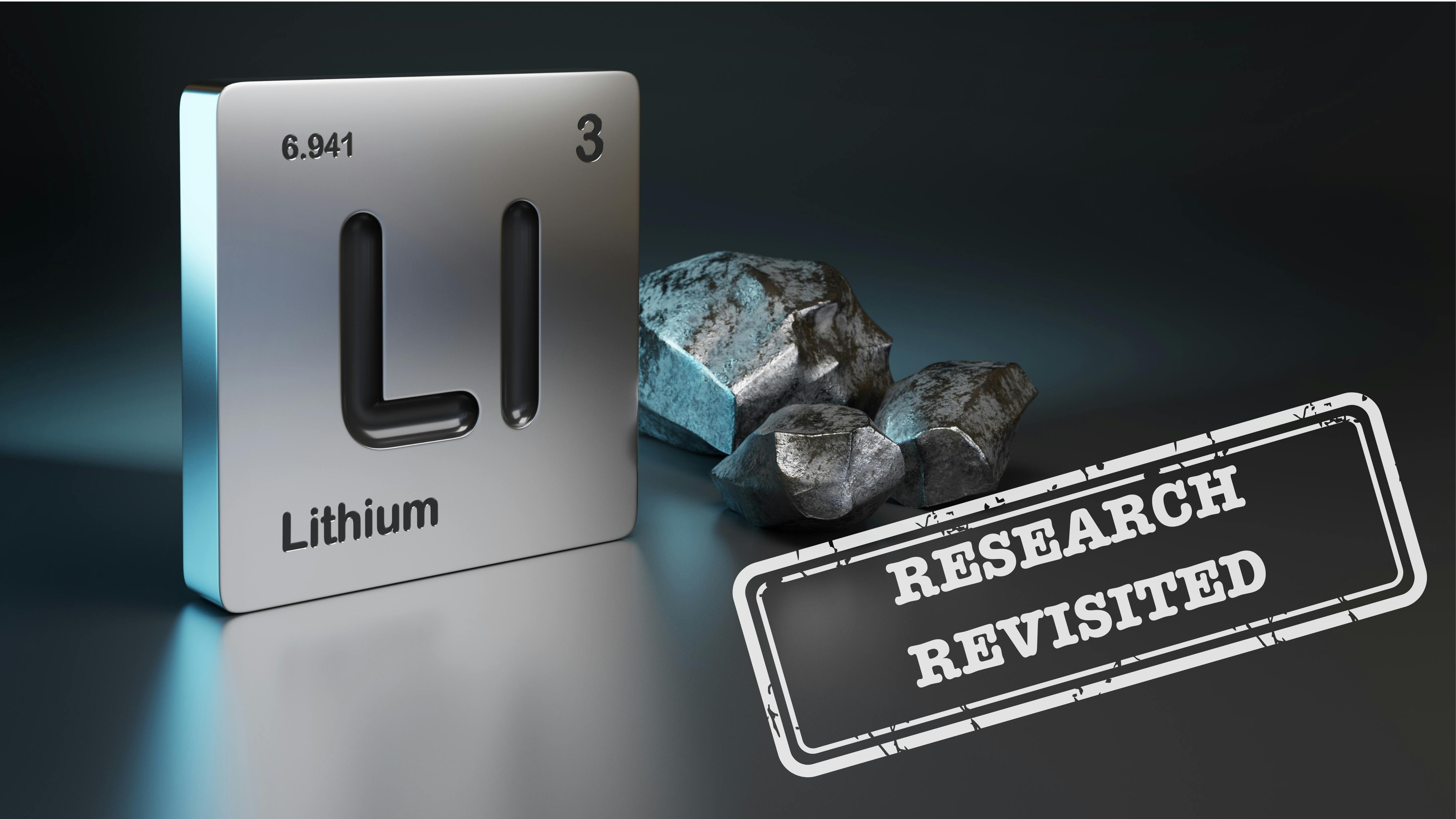 Research revisited stamped over image of Lithium element symbol from the periodic table near metallic lithium