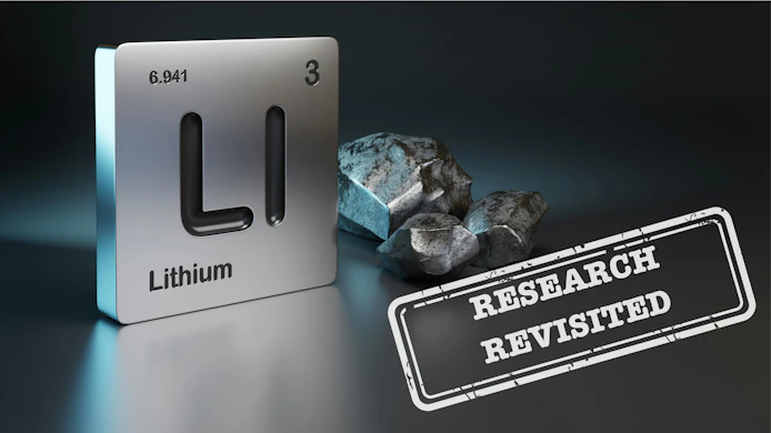 Research revisited stamped over image of Lithium element symbol from the periodic table near metallic lithium