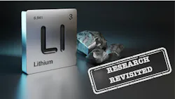 Research revisited stamped over image of Lithium element symbol from the periodic table near metallic lithium