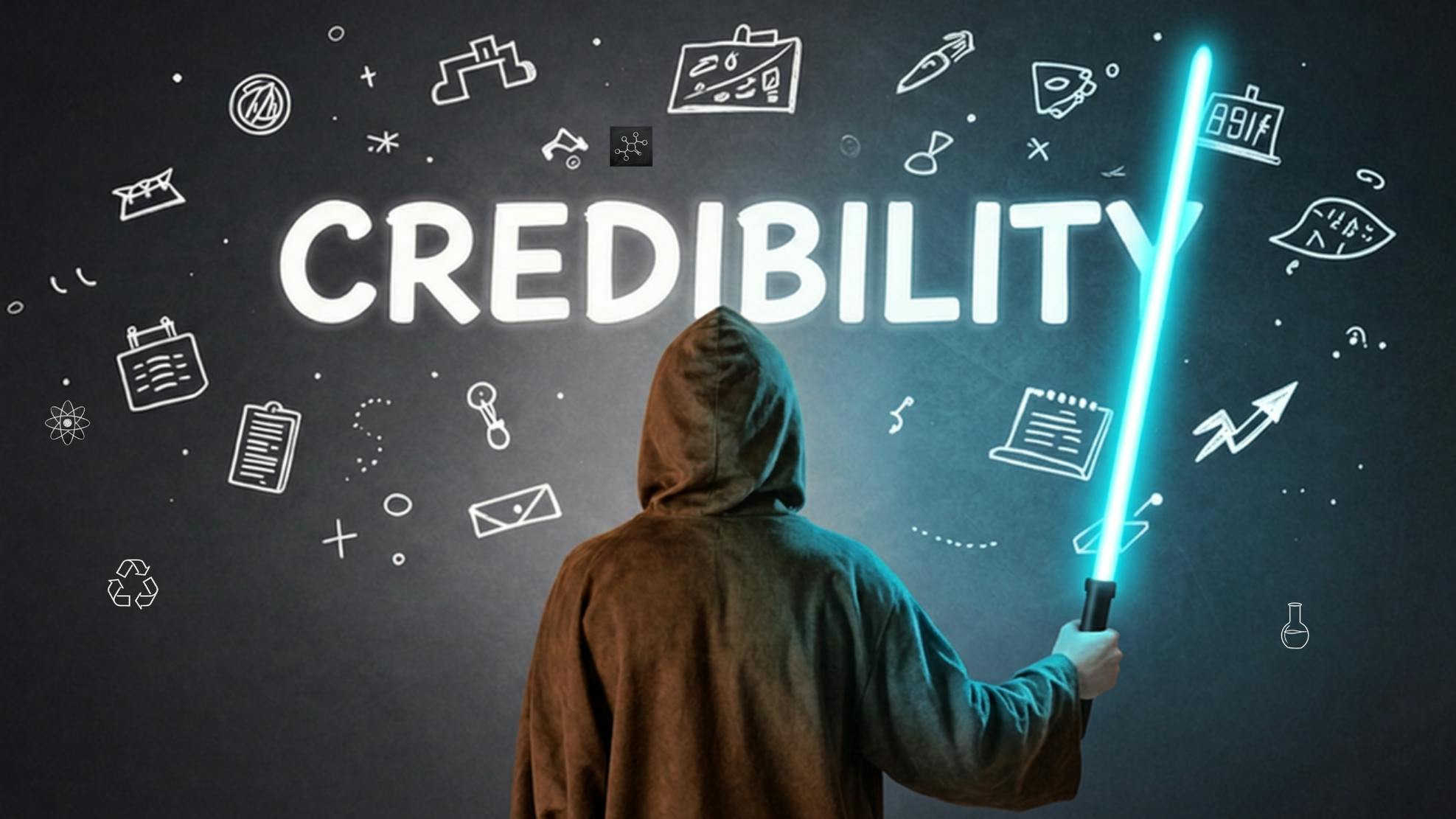 a Jedi with light saber faces a dark background with the word 'credibility' in the center surrounded by science icons