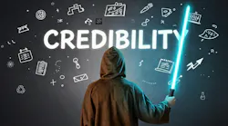 a Jedi with light saber faces a dark background with the word 'credibility' in the center surrounded by science icons