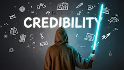 a Jedi with light saber faces a dark background with the word 'credibility' in the center surrounded by science icons