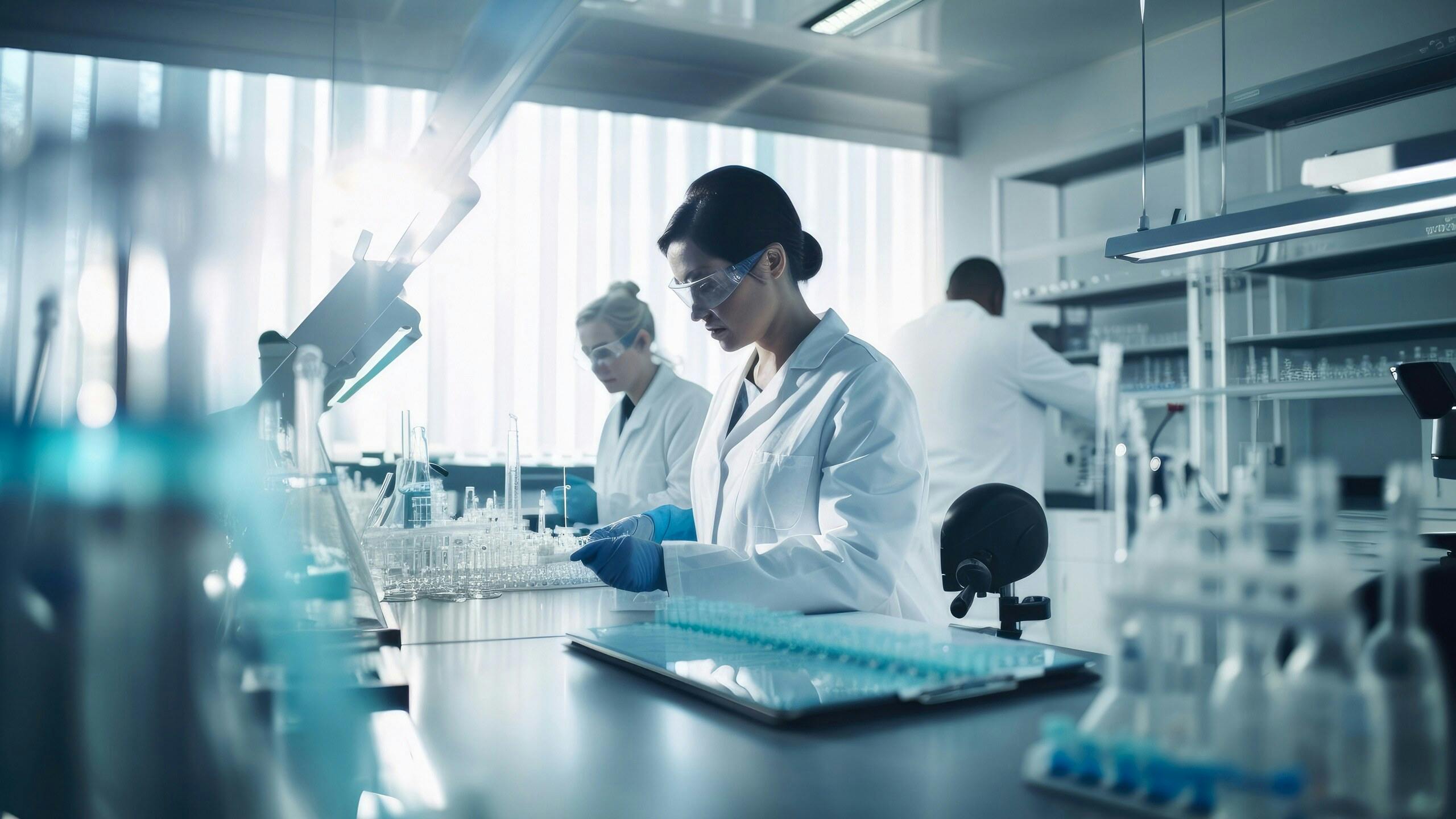 Scientists in white lab coats and safety glasses work at a bright, modern laboratory bench with glassware.