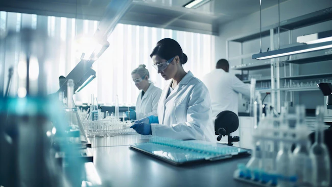 Scientists in white lab coats and safety glasses work at a bright, modern laboratory bench with glassware.