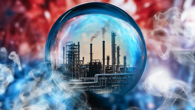 A digital illustration of an industrial refinery reflected inside a glowing crystal ball, symbolizing the future of operations.