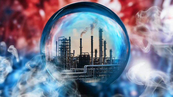A digital illustration of an industrial refinery reflected inside a glowing crystal ball, symbolizing the future of operations.