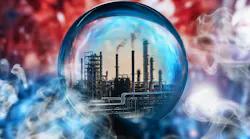 A digital illustration of an industrial refinery reflected inside a glowing crystal ball, symbolizing the future of operations.