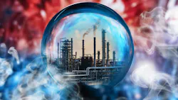 A digital illustration of an industrial refinery reflected inside a glowing crystal ball, symbolizing the future of operations.
