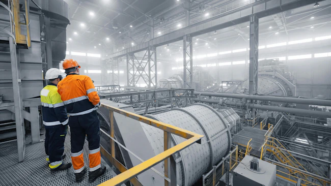 Industrial manufacturing mining workplace. Colleagues having discussion talk cooperation on during working process on background grinding ball mill with mineral gold ore