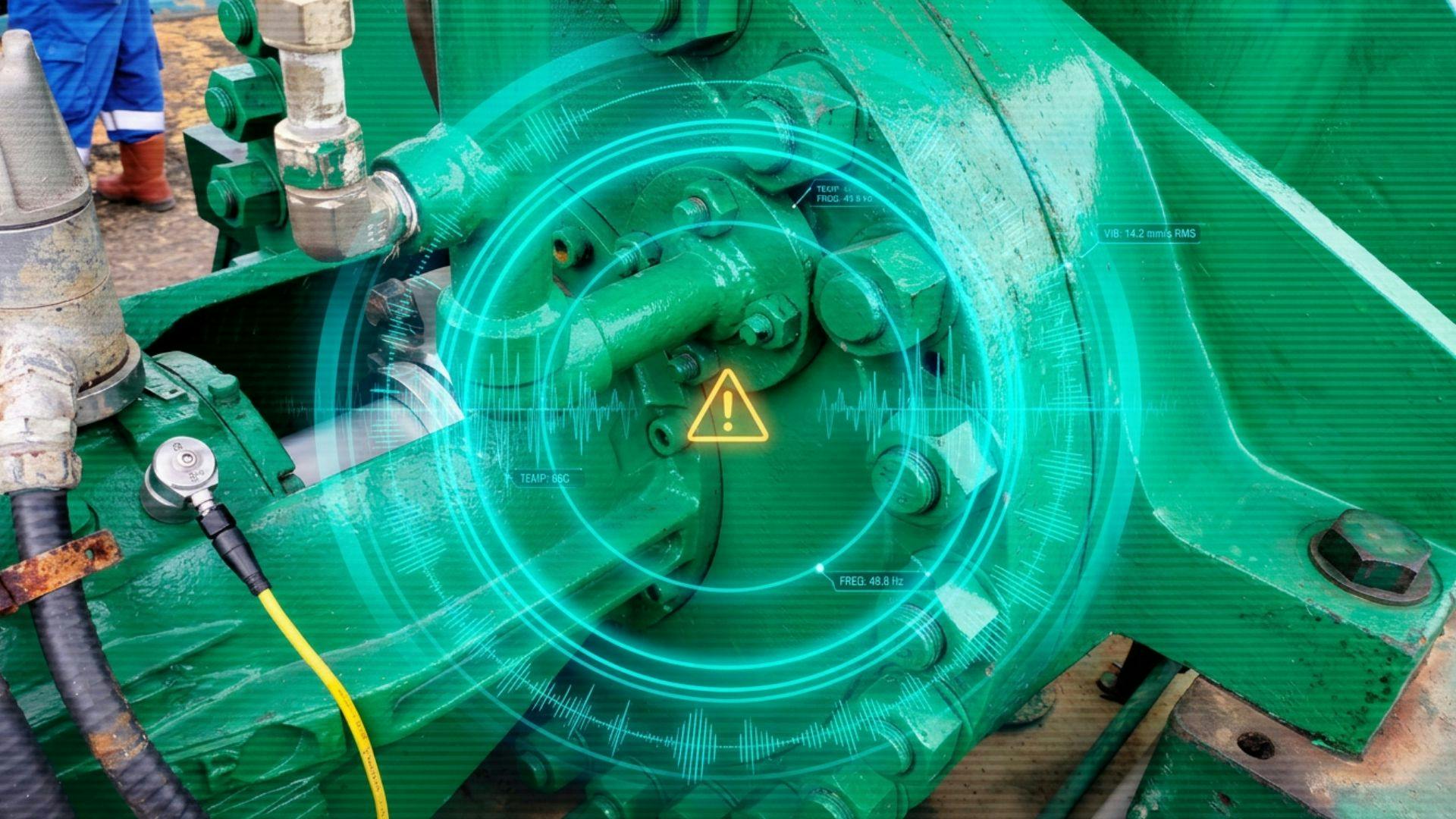 Close-up of an industrial pump with a glowing cyan diagnostic overlay of vibration waves, scan lines, and an alarm symbol suggesting proactive condition monitoring.