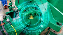 Close-up of an industrial pump with a glowing cyan diagnostic overlay of vibration waves, scan lines, and an alarm symbol suggesting proactive condition monitoring.