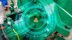 Close-up of an industrial pump with a glowing cyan diagnostic overlay of vibration waves, scan lines, and an alarm symbol suggesting proactive condition monitoring.