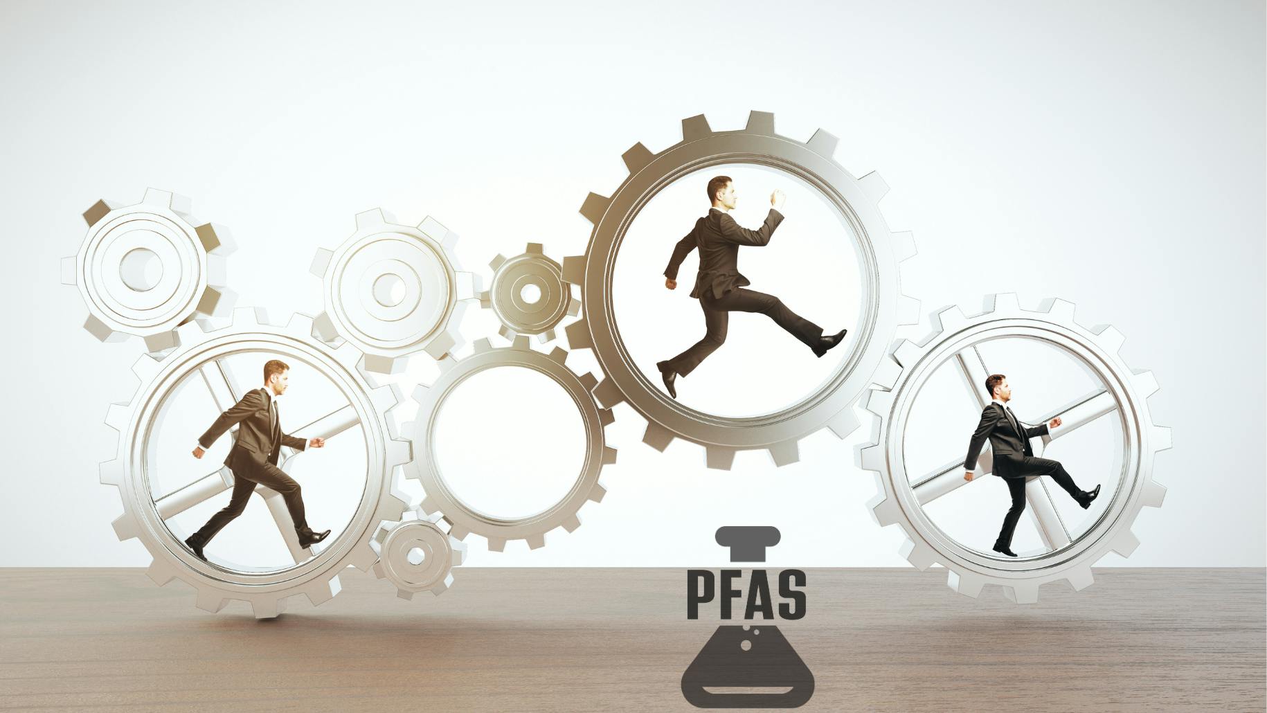 three businessmen run in center of gear wheels with PFAS symbol below