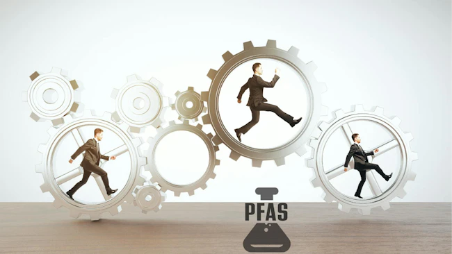 three businessmen run in center of gear wheels with PFAS symbol below