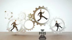 three businessmen run in center of gear wheels with PFAS symbol below