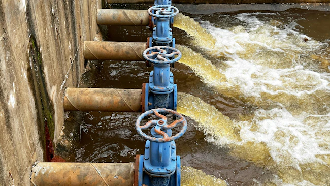 Blue pumps and valves discharge industrial wastewater