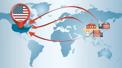 graphic of world map showing reshoring concept of moving manufacturing back to the United States