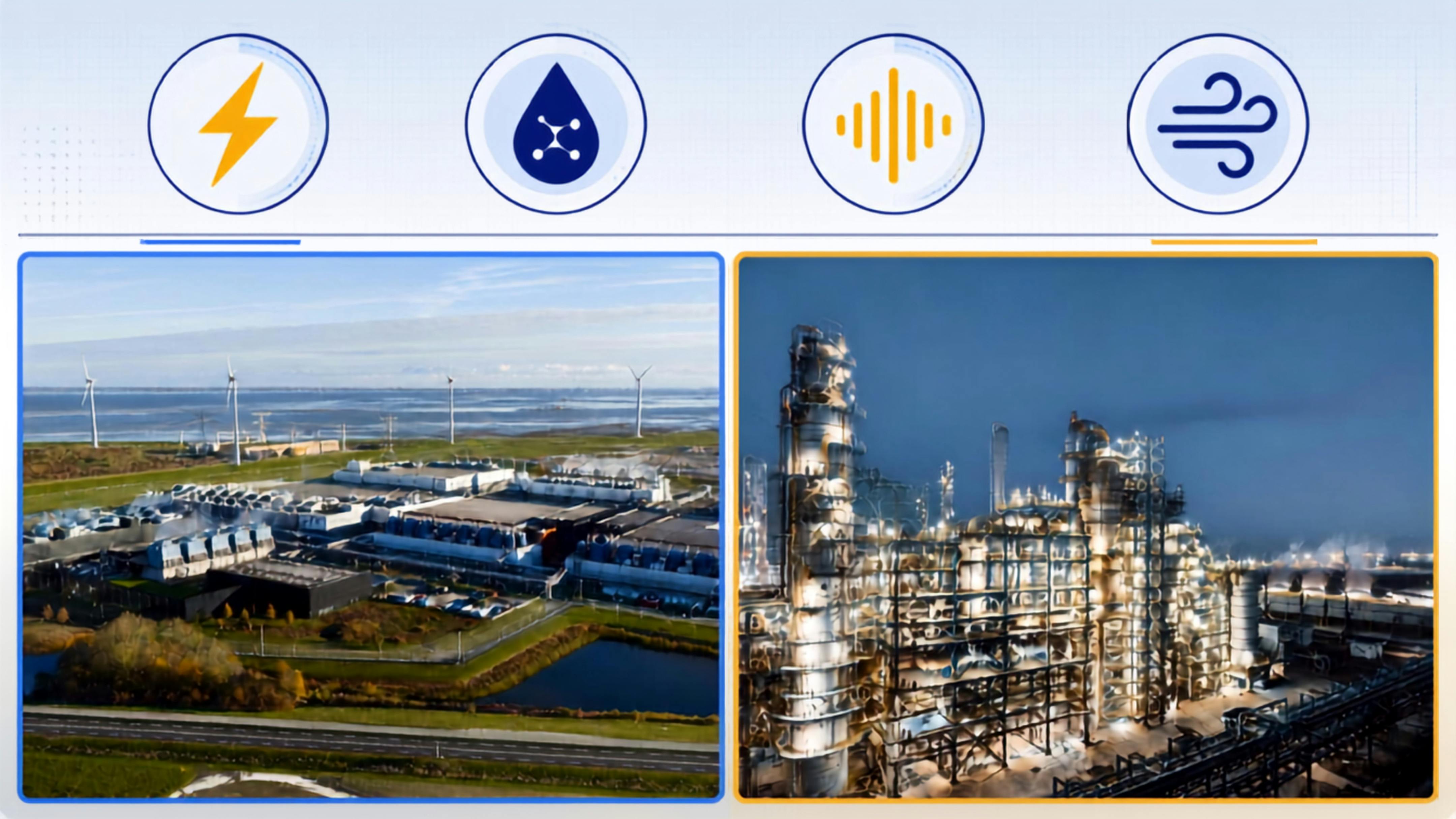 side by side image of a data center and chemical plant with utility icons representing energy, noise, air and water pollution