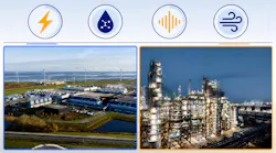 side by side image of a data center and chemical plant with utility icons representing energy, noise, air and water pollution