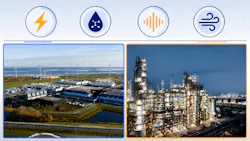 side by side image of a data center and chemical plant with utility icons representing energy, noise, air and water pollution