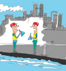 Jerry King cartoon showing workers near water treatment stream