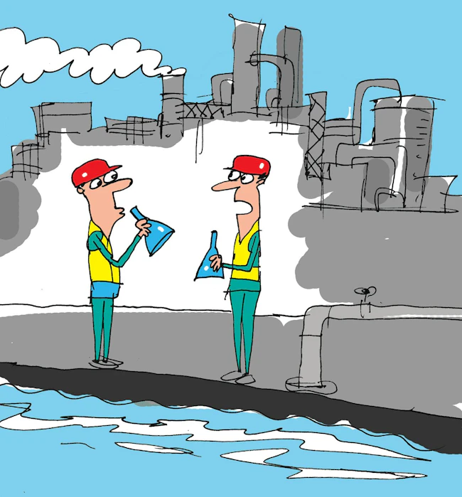 Jerry King cartoon showing workers near water treatment stream