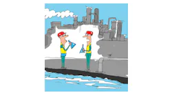 Jerry King cartoon showing workers near water treatment stream