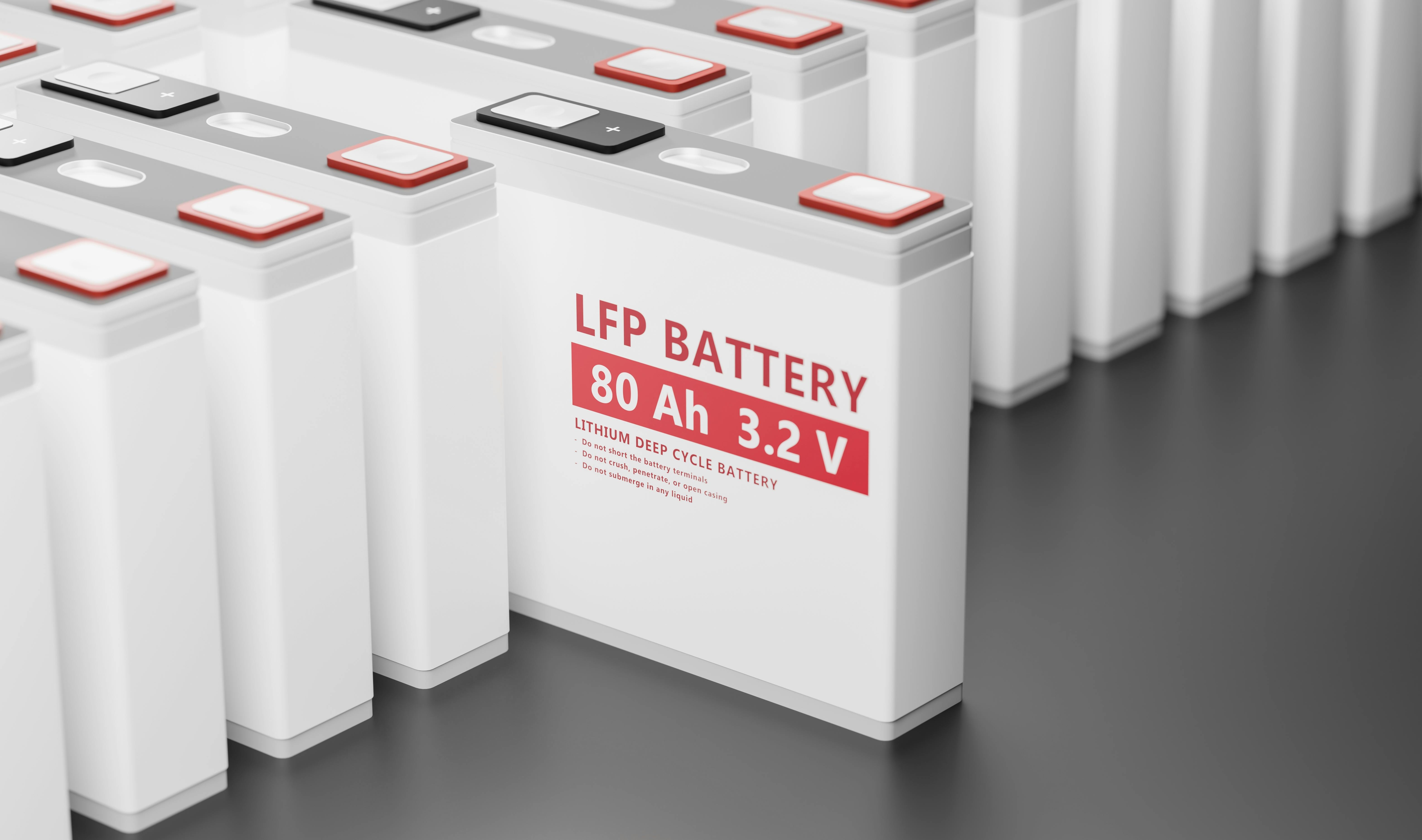3D rendering illustration of LFP (Lithium Iron Phosphate) battery cell, prismatic pack Li-Ion batteries supply manufacturing for electric vehicle