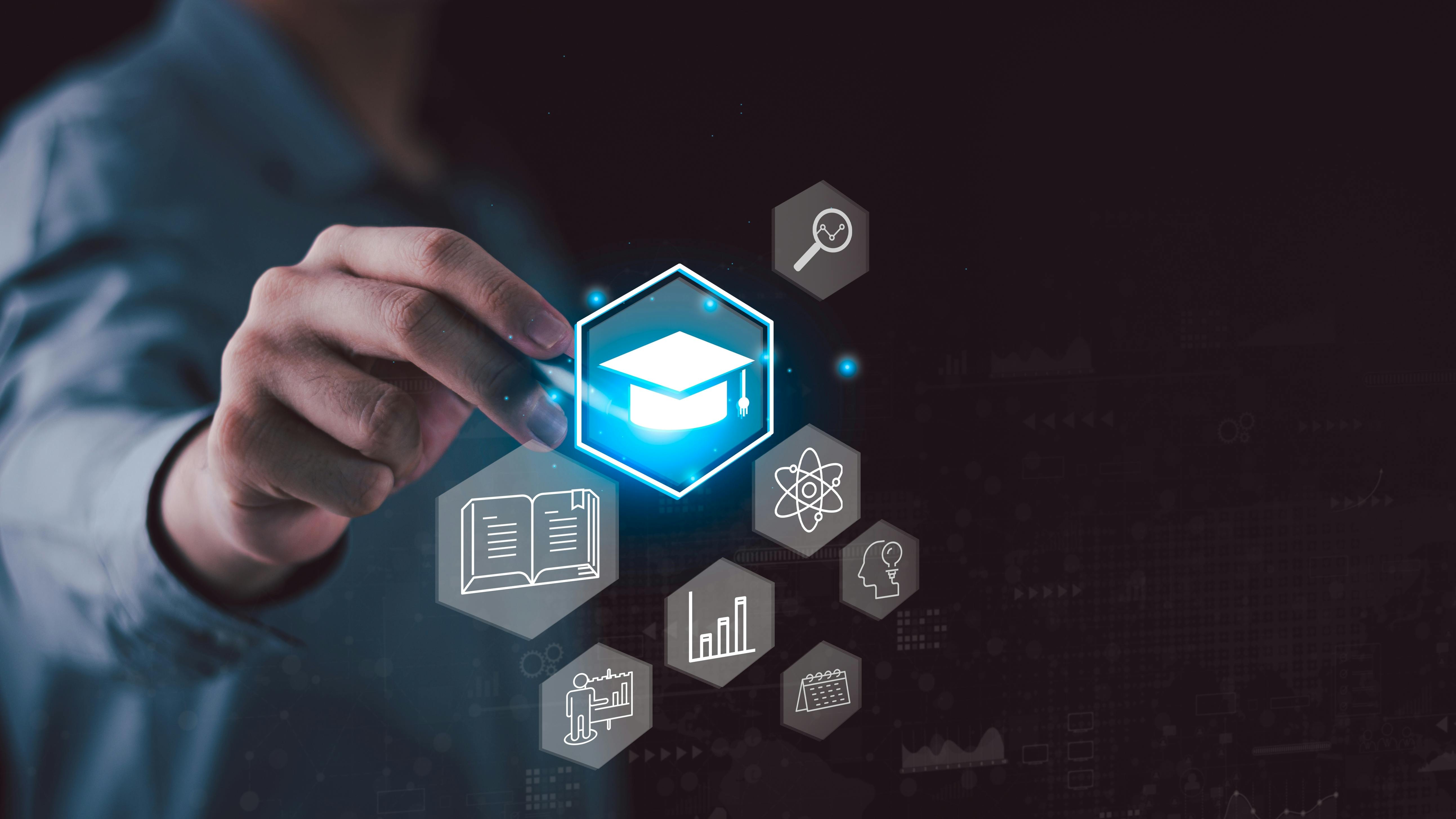 Hand interacting with a digital education interface featuring graduation cap, book, science, analytics, and research icons.