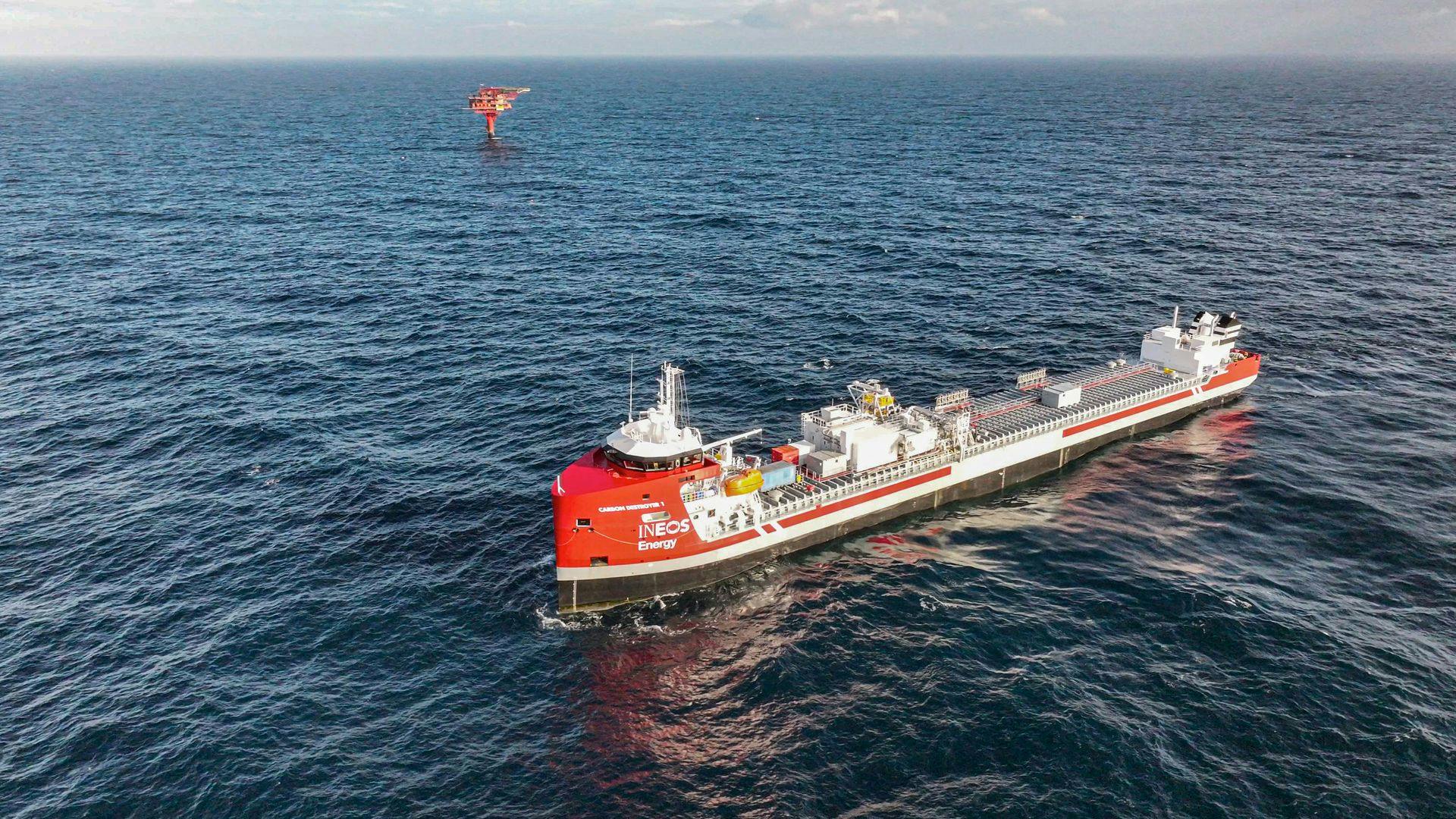 This photo, provided by INEOS Energy, shows the offshore CO2 transport vessel Carbon Destroyer 1 anchored off the decommissioned Nini West oil platform in the North Sea.