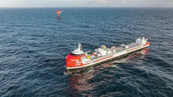 This photo, provided by INEOS Energy, shows the offshore CO2 transport vessel Carbon Destroyer 1 anchored off the decommissioned Nini West oil platform in the North Sea.