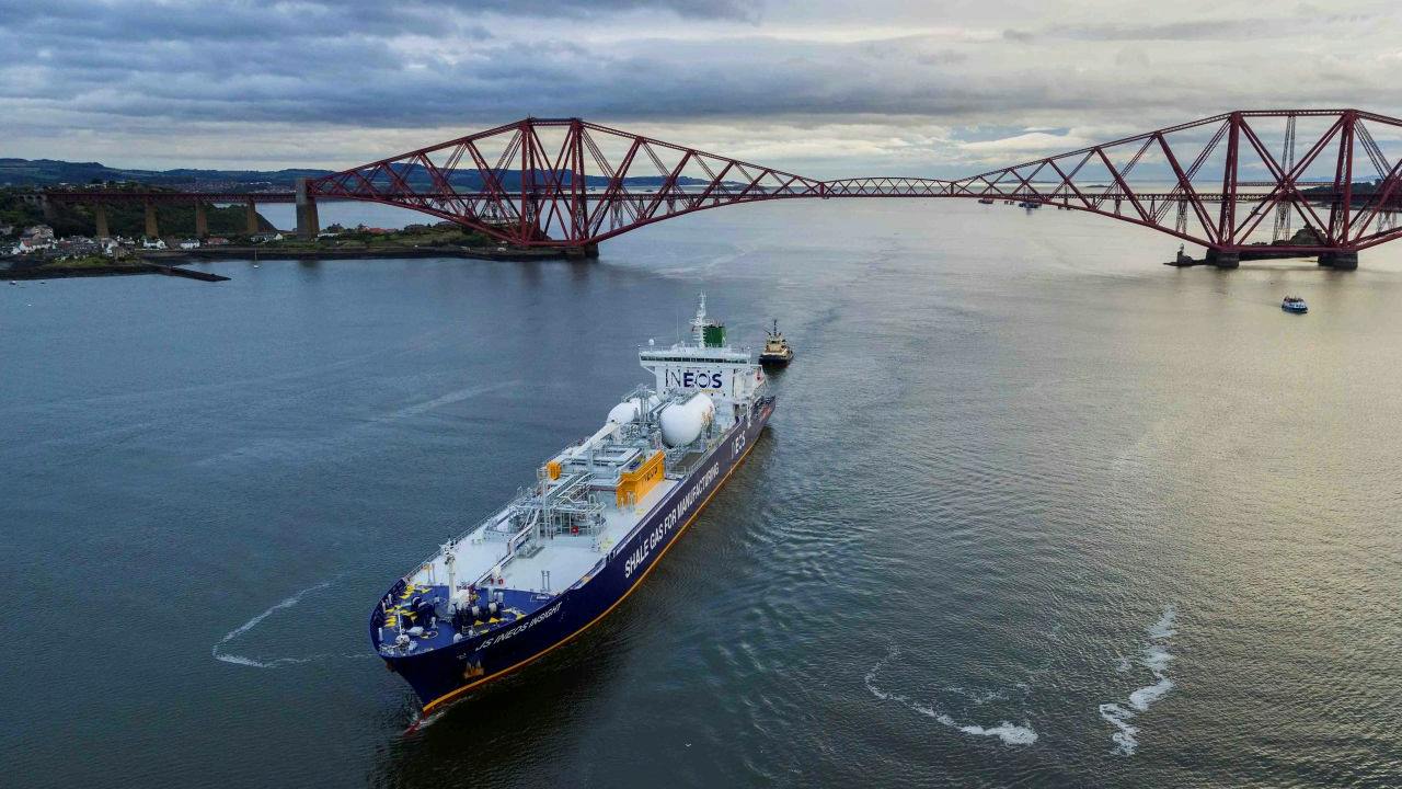 Aerial view of Ineos Dragon ship carrying shale gas for manufacturing