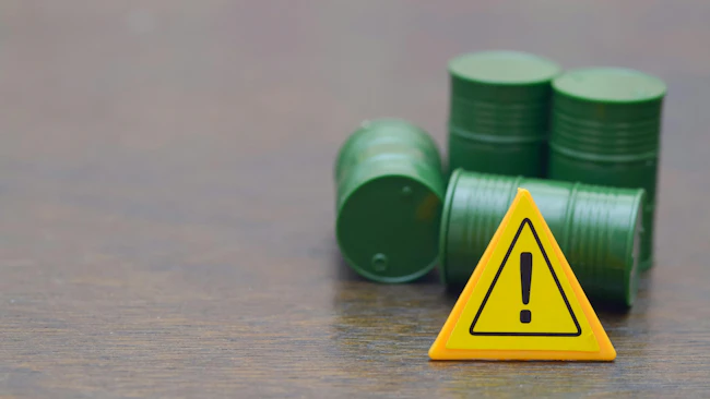 Caution Sign with Green Barrels Symbolizing Hazardous Waste and Environmental Risk
