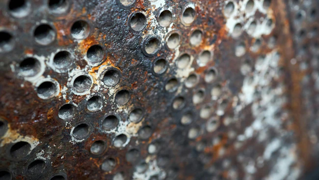 Tube sheet or plate of heat exchanger boiler closeup texture selective focus background opened for inspection maintenance or cleaning from insoluble hard mineral deposits salts scale and corrosion.