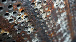 Tube sheet or plate of heat exchanger boiler closeup texture selective focus background opened for inspection maintenance or cleaning from insoluble hard mineral deposits salts scale and corrosion.
