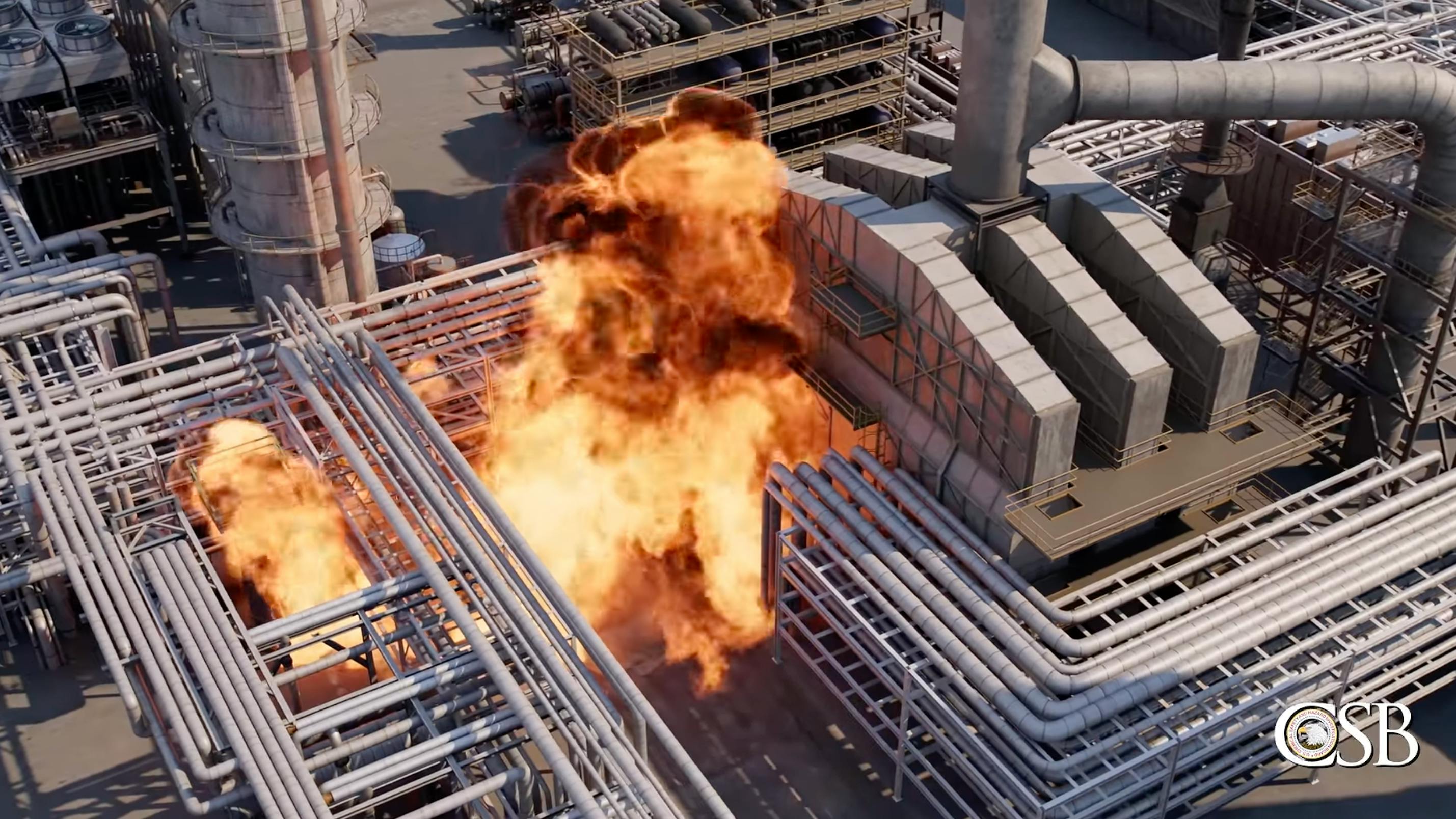 CSB YouTube screenshot showing animated video of the BP-Husky refinery explosion