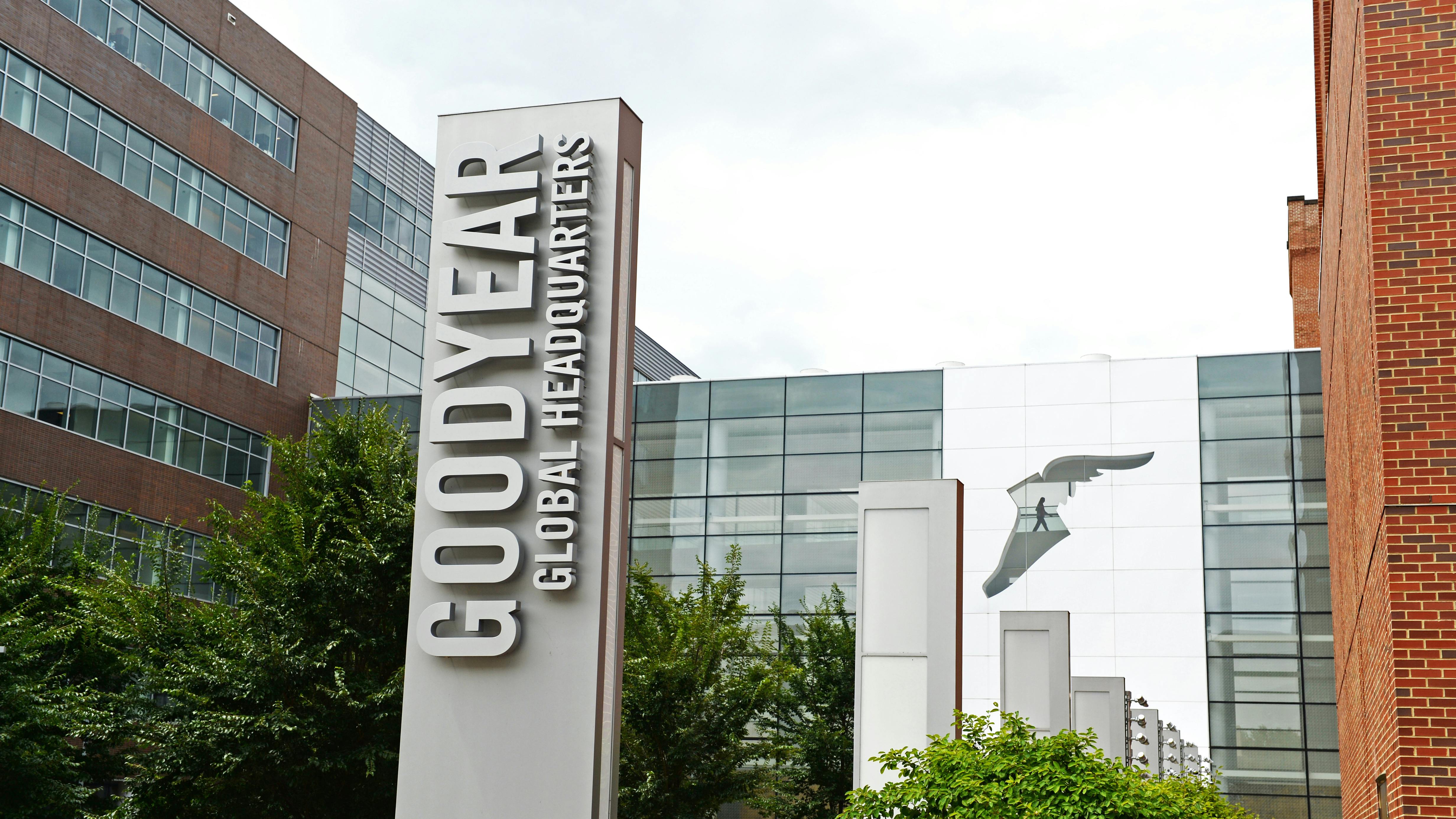 Sign in front of GoodYear global headquarters in Akron, Ohio
