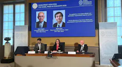 Heiner Linke (front, l-r), Chair of the Nobel Committee for Chemistry; Ellen Moons, Secretary General of the Royal Swedish Academy of Sciences (KVA); and Peter Somfai, member of the Nobel Committee for Chemistry, are seated at the Royal Swedish Academy of Sciences (KVA) during the announcement of this year’s Nobel Prize laureates in Chemistry, Henri Kagan ( France) and Kenso Soai ( Japan), who are shown on a display, at the Royal Swedish Academy of Sciences (KVA).