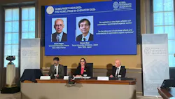 Heiner Linke (front, l-r), Chair of the Nobel Committee for Chemistry; Ellen Moons, Secretary General of the Royal Swedish Academy of Sciences (KVA); and Peter Somfai, member of the Nobel Committee for Chemistry, are seated at the Royal Swedish Academy of Sciences (KVA) during the announcement of this year’s Nobel Prize laureates in Chemistry, Henri Kagan ( France) and Kenso Soai ( Japan), who are shown on a display, at the Royal Swedish Academy of Sciences (KVA).