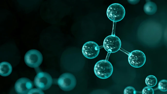 scientific 3D render of transparent blue molecules in a tetrahedral arrangement
