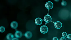 scientific 3D render of transparent blue molecules in a tetrahedral arrangement